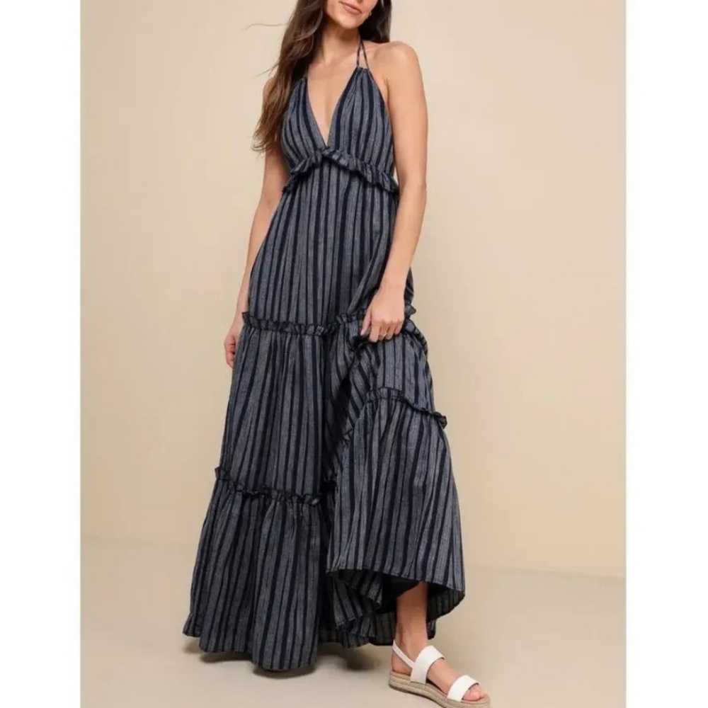 Lulus Vacay Babe Elegant Blue Striped Halter Maxi Dress